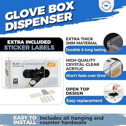 Storage Standard Glove Box Holder Dispenser - Kitchen, Medical, & Latex Gloves Holder Wall Mount or Countertop, Universal Fit - Thick Acrylic, Easy to Use, Slide, & Load Open Top Design - Clear - color: Clear - Single