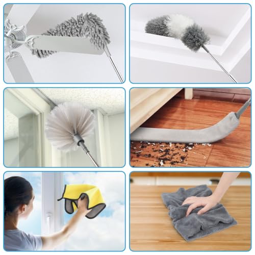 Microfiber Duster Kit 27pcs with 30 to 100 Inches Extension Pole and Wall Cleaner Mop, Washable and Bendable Feather Duster for Cleaning Ceiling Fans, High Ceilings, Cobwebs, Blinds, Grey - size: 27pcs