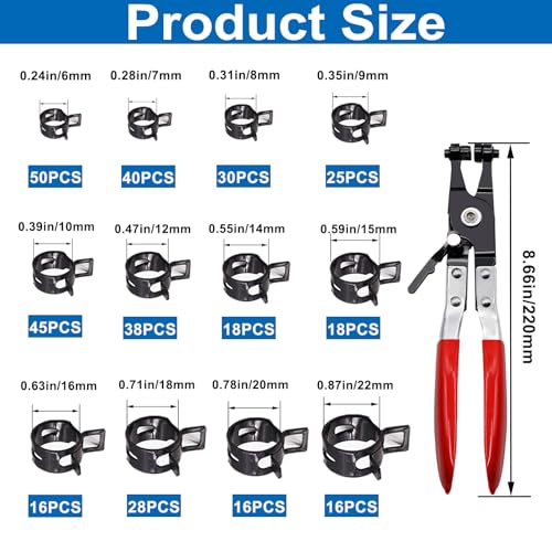 340Pcs 6-22mm Spring Band Hose Clamps Kit,12 Sizes Spring Pipe Clamps with Swivel Flat Hose Clamp Plier,Low Pressure Air Clip Strap Clamp for Silicone Vacuum Hose Clamp Fuel Line Clamps - color: Black-340pcs + Plier