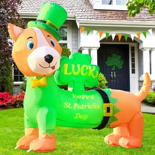 DomKom St. Patricks Day Inflatable Decorations, 4ft Cute Dog Dachshund Blow Up Lucky Day Décor Built-in LED Lights Carrying Good Luck Shamrock for Outdoor Holiday Party Lawn Yard Garden Patio - style: 4FT Dachshund Dog