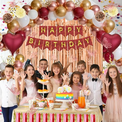 Burgundy Balloons Birthday Decorations, Happy Birthday Banner, Tassel, Heart Foil Balloons, Butterfly, Paper Flower and Fringe Curtains for Happy Birthday Decorations for Women Adults - style: Burgundy