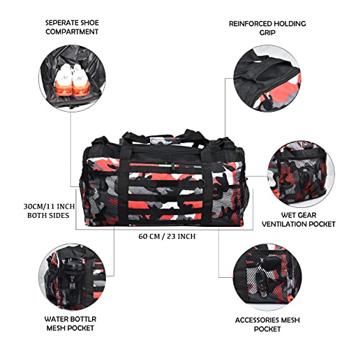 Gym Duffle Bag- Workout, Boxing, MMA, Sports Bag with Shoes Compartment and Adjustable Shoulder Strap for Men and Women (Red Camo) - color: Red Camo