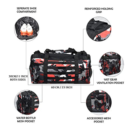 Gym Duffle Bag- Workout, Boxing, MMA, Sports Bag with Shoes Compartment and Adjustable Shoulder Strap for Men and Women (Red Camo) - color: Red Camo