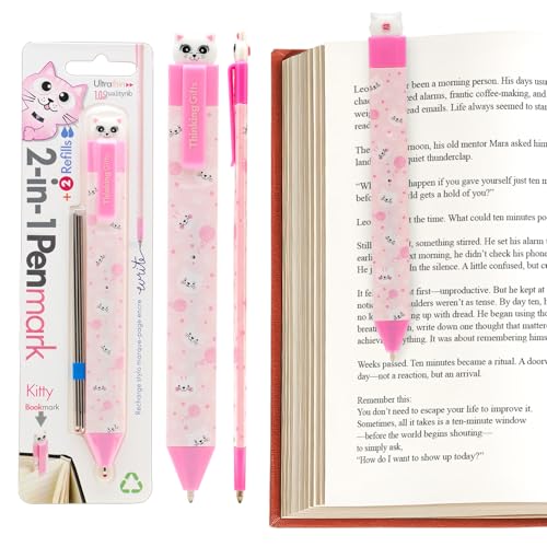 Gifts for Readers & Writers Pen Bookmark, Page Marker & Flat Writing Pen for Journal Notebook & Planner, Penmark Reading Accessory for Making Book Annotations (Kitty) - color: Kitty