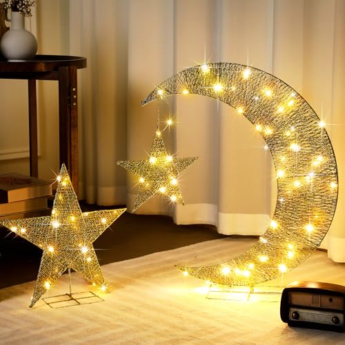 Glooglitter Pre-lit Eid Mubarak Decorations for Home Metal Eid Star Moon Crescent Light Ramadan Decorations Outdoor Lighted Night Lamp Sign with LED String for Yard Lawn Pathway - color: Star and Moon