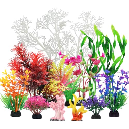 QUOZUO Aquarium Decorations Plants with Resin Coral, 12 pcs Fish Tank Accessories, Fish Tank Decorations Small Plants Plastic, Aquarium Decor Artificial Plant
