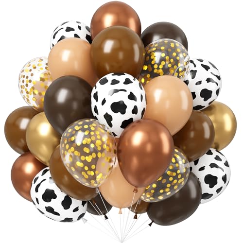 Western Cow Balloons, 52 Pc 12 In Brown Nude Cowboy Baby Shower Party Decorations Cow Print Balloon, Metallic Gold Brown Apricot Tan Coffee Farm Animal Balloon for Kids Rodeo Wild West Birthday Decor - color: Brown Cow - Western