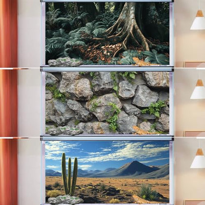 3 PCS Terrarium Background, 30x18 inch Polyester Reptile Backgrounds | Cloth Terrarium Background, Tropical Green Tree Fern & Gobi Desert Sunshine Cactus Rock Terrarium Background - size: 30x18 Inch