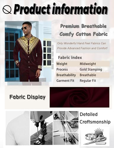 Mens African 2 Piece Set Metallic Traditional Suit Gold Stamp Printed African Dashiki Shirt and Pants Outfit - color: Wine Red, size: Medium