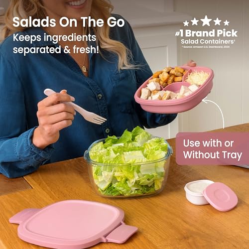 Bentgo Glass Salad Container - 7.6-Cup Salad Bowl with Airtight Lid, Leak-Proof Sauce Container, 4-Compartment Bento Tray & Reusable Fork - BPA-Free for Meal Prep, Office & More (Rose) - color: Rose