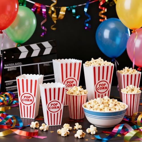 Novelty Place Plastic Red & White Striped Classic Popcorn Containers for Movie Night - 7.8" Tall x 3.8" Top x 2.3" Bottom, 41oz (4 Pack)