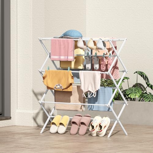 KINGBOARD Clothes Drying Rack, Collapsible Drying Rack Clothing with 11 Poles, 3-Tier Laundry Drying Rack, Small Clothes Drying Rack Foldable for Baby Clothes Sock Towel, 25lb Capacity, White - color: White