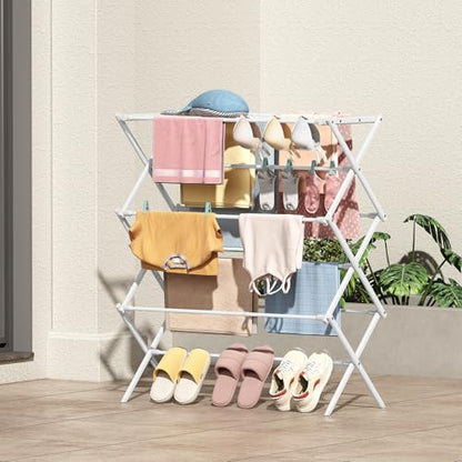 KINGBOARD Clothes Drying Rack, Collapsible Drying Rack Clothing with 11 Poles, 3-Tier Laundry Drying Rack, Small Clothes Drying Rack Foldable for Baby Clothes Sock Towel, 25lb Capacity, White - color: White
