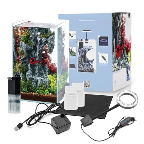 Sand Waterfall Tank Kit - Silent Operation Falling Sand Fish Tank w/LED Light and Self Cleaning Filtration - Desktop Rimless Starter Aquarium Kit, Just Add Plants - 3.38GAL | 12.8L (B1) - size: B1 (20CM)