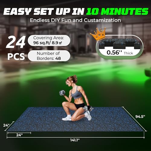 PRAISUN 0.56" Rubber Top Gym Flooring, Heavy Duty Interlocking Gym Mats for Home Gym, Non-Slip Workout Mat, 24 x 24in Large Gym Floor Mat, Protect Floors from Weights & Equipment, 96 Sq Ft, Black/Blue - size: 24 Tiles (96 Sq Ft)