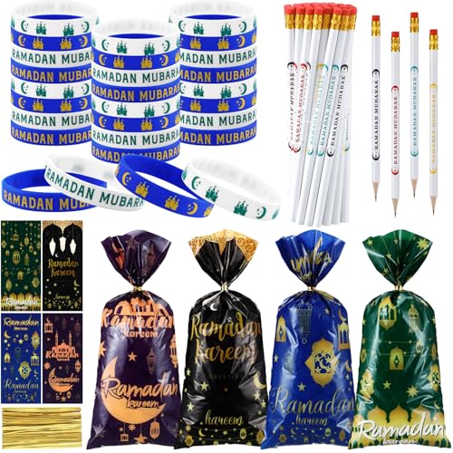 Mooliwe 144 Pcs Ramadan Mubarak Party Favor Gifts Bulk 48 Eid Ramadan Muslim Pencils 48 Mubarak Wristbands 48 Cellophane Gift Bag for Party Decorations Supplies(Conventional Style) - style: Conventional Style