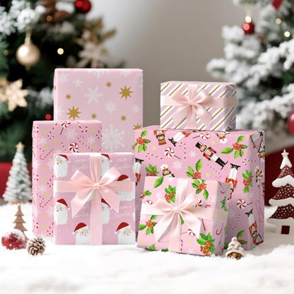 RUSPEPA Pink Christmas Wrapping Paper Sheets, Pink Santa, Nutcracker, Candy Cane, Holly & Snowflakes Design, Holiday Gift Wrap for Girls, Kids, Xmas Gifts, Crafts, 6 Folded Sheets, 19.68 X 27.5 Inch - color: Pink Xmas Design