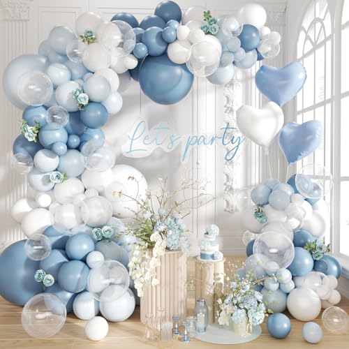 Dusty Blue Balloon Arch Kit 155Pcs Light Blue and White Clear Balloons Different Size for Wedding Birthday Baby Shower Gender Reveal Bridal Party Decorations - color: Dusty Blue White