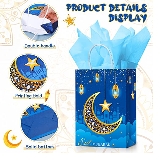 Censen 16 Sets Eid Mubarak Gift Bags with Tissue Paper, Ramadan Goodies Bags for Ramadan Party Supplies Favor (Blue) - color: Blue