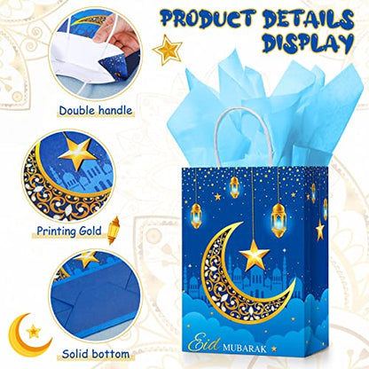 Censen 16 Sets Eid Mubarak Gift Bags with Tissue Paper, Ramadan Goodies Bags for Ramadan Party Supplies Favor (Blue) - color: Blue