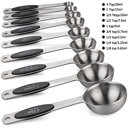 Magnetic Measuring Spoons Set of 9 Stainless Steel Measuring Spoons | Heavy Duty Nesting Teaspoons Tablespoons for Measuring Dry and Liquid Ingredients