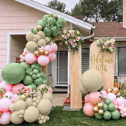 Pink and Green Balloons, Sage Green White Sand Party Balloons Chrome Metallic Gold Balloons Green Pink Latex Balloons for Kids Adults Boho Birthday Jungle Safari Party Wedding Baby Shower Graduation - color: Sage Green Pink