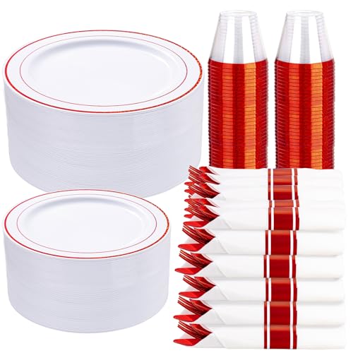 WELLIFE 350-Piece Red Plastic Party Dishware Set - 50 Dinner Plates, 50 Dessert Plates, 50 Cups, 50 Plastic Cutlery - color: Red, style: 350PCS（50 Guests）
