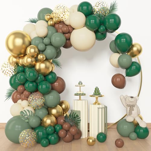 Amandir 153pcs Green Brown Balloon Garland Arch Kit, Different Sizes 18 12 10 5 inch Sage Green Ivory Gold Latex Metallic Confetti Balloon for Safari Jungle Wild One Woodland Tropical Party Decoration - color: Brown Green