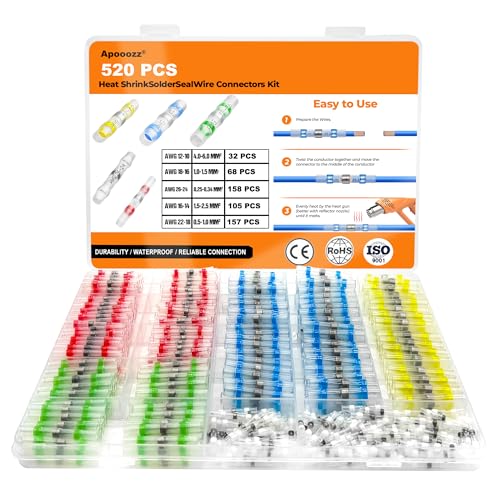 520PCS Solder Seal Wire Connectors - Waterproof Heat Shrink Butt Connectors - Insulated Electrical Marine Grade Wire Terminals - Automotive, Boat, Truck, Stereo Splice Kit (26-10 AWG, 5 Sizes/Colors)