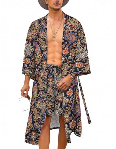 COOFANDY Men Lightweight 2 Piece Kimono Robe with Shorts Japanese Robes Casual Open Front Long Cardigan With Belt - color: Navy Blue(cashew Flowers), size: Large