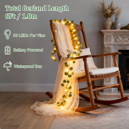 Artificial Eucalyptus Garland with Lights, 6FT Fairy Light Eucalyptus Vine with Timer, 8 Modes, Waterproof Battery Operated, Faux Greenery Vine for Spring Easter Wedding Decoration (Eucalyptus)