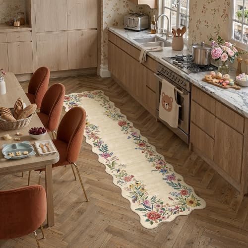 2x8 Floral Beige Scalloped Runner Rug - color: Beige, size: 2' x 8' (Scalloped)