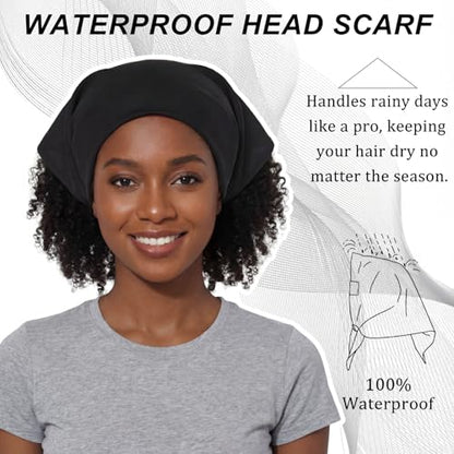 Cuffbow 2 Pcs Satin Lined Bandana Waterproof Head Scarf Non-Slip Hair Scarf Large Triangle Waterproof Rain Headband for Women Black