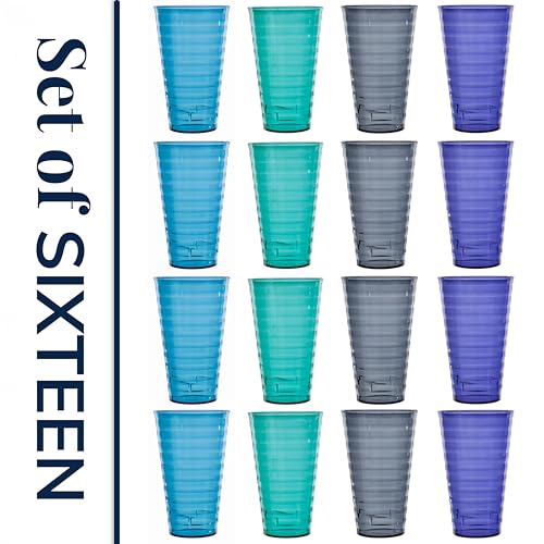 US Acrylic Splash [Set of 16] 18 ounce Plastic Stackable Water Tumblers in 4 Coastal Colors Value Set of Drinking Cups, Reusable, BPA-free, Made in the USA, Top-rack Dishwasher Safe - color: Coastal