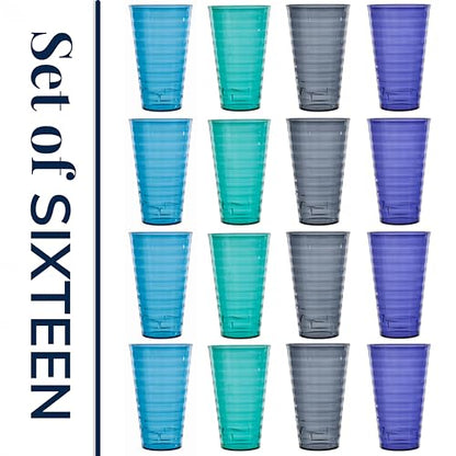 US Acrylic Splash [Set of 16] 18 ounce Plastic Stackable Water Tumblers in 4 Coastal Colors Value Set of Drinking Cups, Reusable, BPA-free, Made in the USA, Top-rack Dishwasher Safe - color: Coastal
