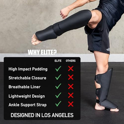 Elite Sports Muay Thai 정강이 보호대 킥복싱 MMA 무에타이 다리 발등 보호 패드, BJJ 가라데 복싱 태권도용 무술 발로 스파링 훈련 장비 - color: 단색 블랙., size: LXL