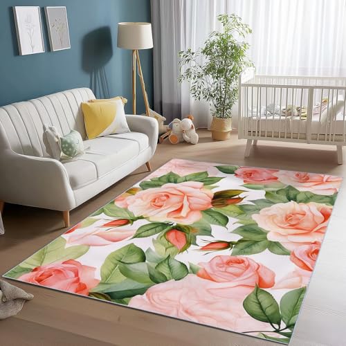 Area Rug 3 x 4 ft for Living Room, Pink Washable Rugs for Bedroom, Non-Slip Rose Pattern Rugs for Playroom Nursery Boys, Watercolor Style Throw Rug Carpet for Dining Room - color: Pink 7, size: 3' x 4' (Rectangular)