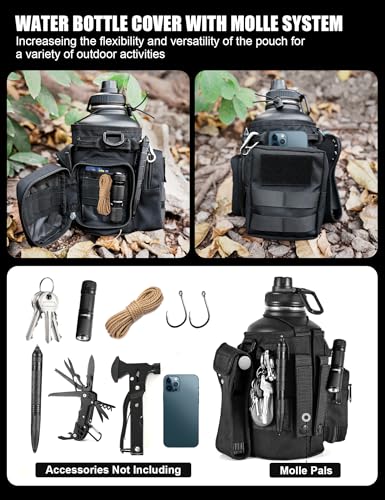 Tactical Half Gallon Water Bottle with Straw, 64 Oz Insulated Water Jug with Molle Water Bottle Holder, Stainless Steel Sport Bottle with 3 BPA Free Lids for Gym Workout Hiking (64oz-Black) - color: 64oz-Black