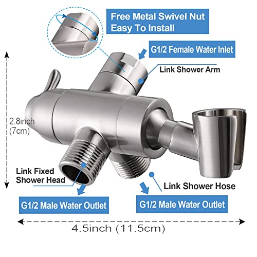 Shower Arm Diverter with Handshower Mount, G1/2 Brass Shower Diverter Valve Bathroom Universal Shower System Replacement for Handheld Shower and Fixed Shower Head, Brushed Nickel - color: Brushed Nickel