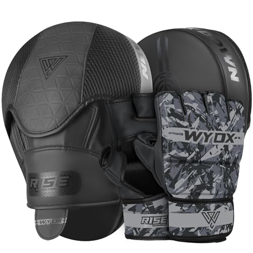 WYOX MMA Gloves & Boxing Focus Mitts Set – Hybrid Open Palm Grappling Gloves with Wrist Support + Curved Punching Pads with Gel Shock for Muay Thai, Kickboxing, Karate Training (Men & Women)