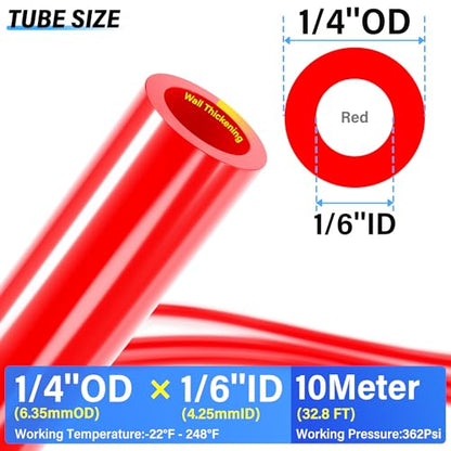 TAILONZ PNEUMATIC Air Line 1/4 inch od Red Pneumatic Nylon Tube 32.8ft Air Brake Tubing Nylon Hose - color: Red-Nylon, size: 1/4'' OD/32.8ft/10m