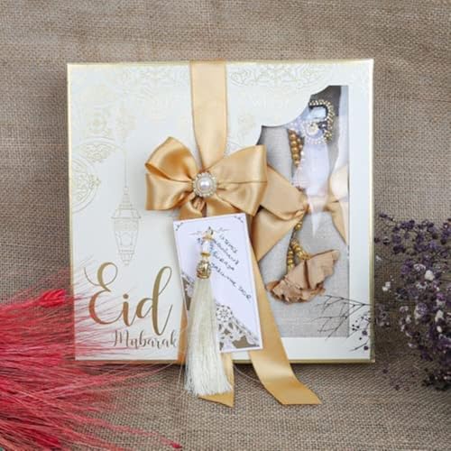 VHD Eid Mubarak Gift Box For Women, Islamic Ramadan Gift Set for Muslim Woman | Quran, Shawl, Prayer Rug, Misbaha, Bookmark Box (White) - color: White