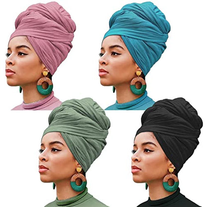 XTREND 4 Pieces Head Wrap Stretch Jersey Turban African Knit Fashion Headband Solid Colors Ultra Soft Breathable Head Scarf Stretchy Shawl Tie for Women (Black, Pink, Light Ha Tsing, Olive Green) - color: Black, Pink, Light Ha Tsing, Olive Green