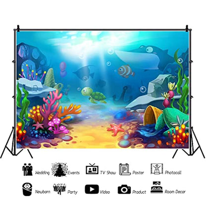 5x4ft Cartoon Underwater World Photography Backdrop Blue Ocean Beautiful Coral Cute Fish Background Kid's Birthday Baby Shower Party Cake Table Banner Portraits Photo Studio Props - size: 5x4ft