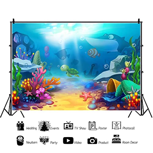 7x5ft Cartoon Underwater World Photography Backdrop Blue Ocean Beautiful Coral Cute Fish Background Kid's Birthday Baby Shower Party Cake Table Banner Portraits Photo Studio Props - size: 7x5ft