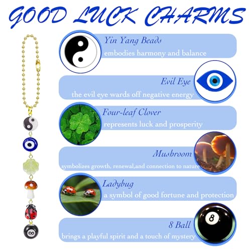 Evil Eye Car Hanging Charm,Rear View Mirror Accessories,Boho Mushroom Decor | Good Lucky Days,Four-Leaf Clover Pendant for Women Men,Cute 8 Ball Ladybug Yin Yang Symbol Ornament
