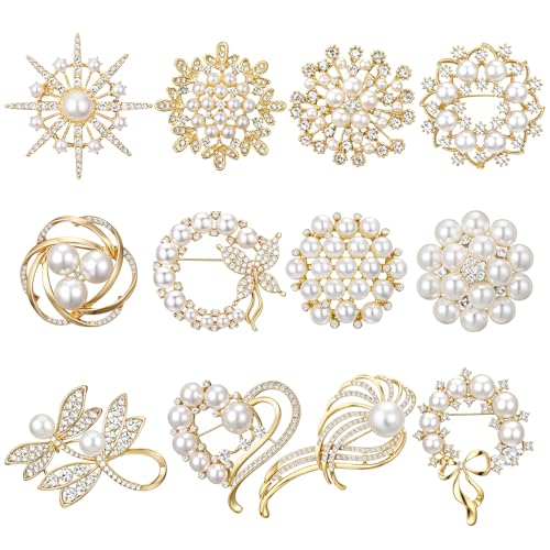Junkin 12 Pcs Women Brooches Bulk Set Rhinestone Pin Crystal Vintage Brooch Retro Pin Women Girls Gifts for Christmas - style: Pearl