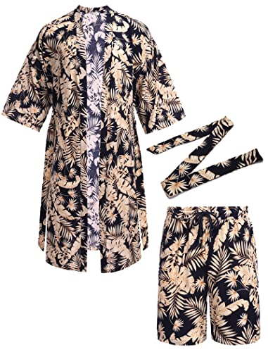 COOFANDY Men Lightweight 2 Piece Kimono Robe with Shorts Japanese Robes Casual Open Front Long Cardigan With Belt - color: Navy Blue(leaves), size: Small