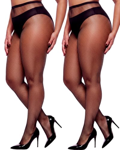 ZINTEDI 2 Pairs Plus Size Black Fishnet Stockings for Women High Waist Fishnet Tights - color: Black