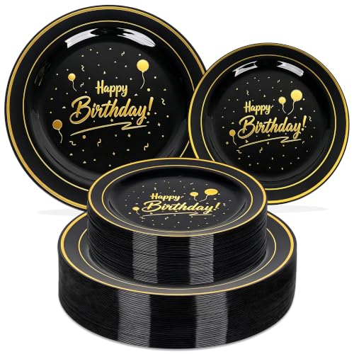 100 Pcs Black Gold Plastic Dinnerware Set,Happy Birthday Disposable Plates - color: Black Gold02